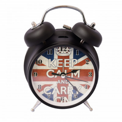 Ceas de masa desteptator Pufo Keep Calm, metalic, 15 cm, negru foto