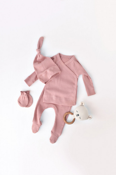 Set 4 piese: bluza, pantaloni, caciulita si manusi din bumbac organic si modal - Rose, BabyCosy (Marime: 6-9 luni)