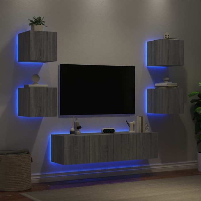 Unități de perete TV cu LED-uri, 6 piese, gri sonoma, lemn