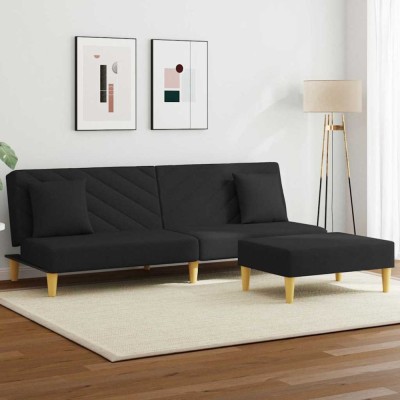 vidaXL Canapea extensibilă cu pernuță și taburet 2locuri negru textil 3216257 foto