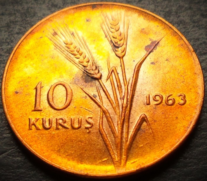 Moneda 10 KURUS - TURCIA, anul 1963 * 3983 = UNC luciu de batere + pete