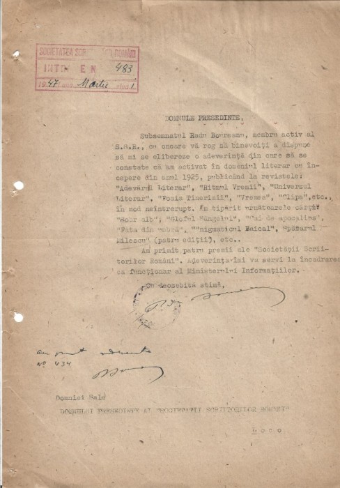 A3300N Semnătura olografă a lui Radu Boureanu, 1947