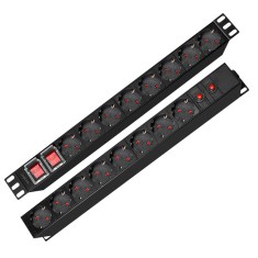PDU LOGILINK 1U pt. rack 19 inch, 16 prize Schuko, intrare Schuko, max 16 A, dispuse 8 schuko front + 8 schuko back, ON/OFF x 2, prot. Suprasarcina, 2 foto