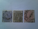 Serie mica Romania 1890 Carol I , cifra in 4 colturi , 3 valori stampilate : 1 1/2 , 3 si 15 bani