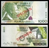 ALBANIA █ bancnota █ 1000 Leke █ 2007 █ P-73s █ SPECIMEN █ UNC █ necirculata