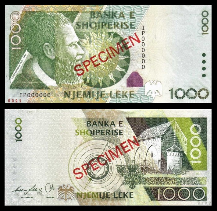 ALBANIA █ bancnota █ 1000 Leke █ 2007 █ P-73s █ SPECIMEN █ UNC █ necirculata