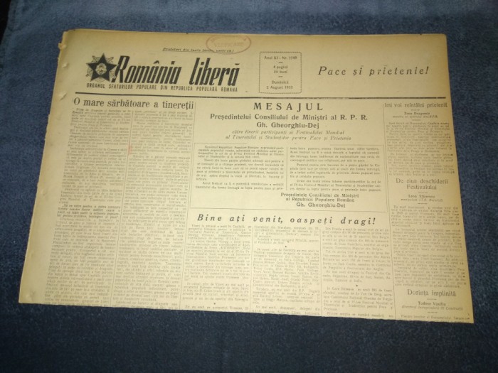 ZIARUL ROMANIA LIBERA 2 AUGUST 1953