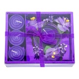 Set 4 lumanari cu vas si flori, forma cadou, mov, 12x15 cm, Oem