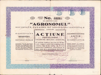 HST A2274 Acțiune Agronomul Societate Anonimă de Asigurări Generale, Arad, 1935 foto