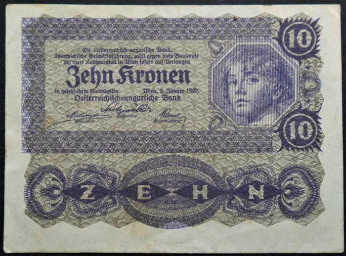 Bancnota istorica 10 COROANE / KRONEN- AUSTRIA, anul 1922 * cod 327