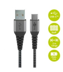 Cablu de date si incarcare USB A - USB type C 2m gri/argintiu textil flexibil Goobay 49297 foto