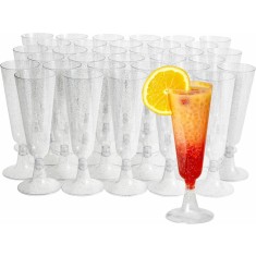 Set 45 de pahare de sampanie Matana, plastic,130 ml, argintiu cu sclipici