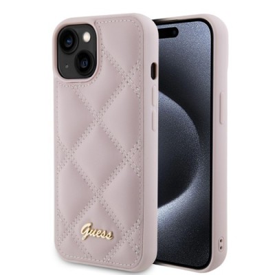 Husa pentru iPhone 15 / iPhone 14 / iPhone 13 - Guess Quilted Metal Logo (GUHCP15SPSQSQSP) - Pink foto