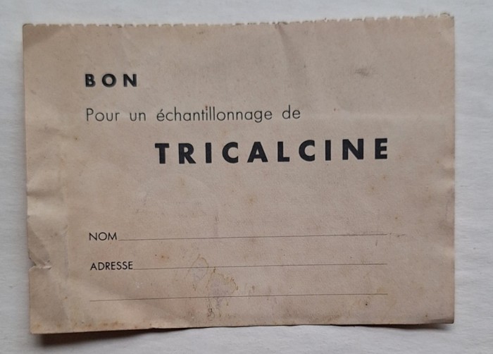 Cupon mostre TRICALCINE &ndash; carte poștală promo, București 3, c. 1930&ndash;40 &ndash; ephemera farmaceutică