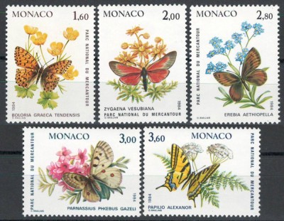 Monaco 1984 Mi 1624/28 MNH - Fluturi și plante din Parcul Național Mercantour foto