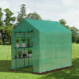 Outsunny Sera tip Tunel, 2 Rafturi pentru Ghivece Folie PE Structura din Otel, Verde 214L x 143L x 195Hcm