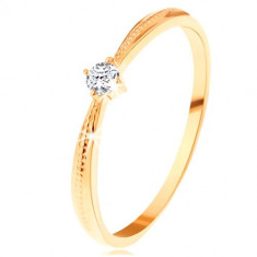 Inel de logodnă de aur de 14K - zirconiu rotund transparent, braţe cu crestături - Marime inel: 64