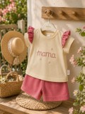 Set 2 piese Donino cu broderie florala mama si maneci cu volanase, roz (Marime