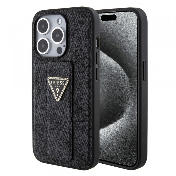 Husa pentru Apple iPhone 15 Pro, Guess, Grip Stand 4G Triangle Strass, Neagra