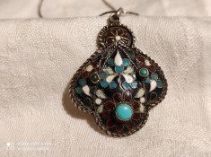 argint MEDALION TRIBAL etnic AFGHAN manopera EXCEPTIONALA vechi RAR +Lant argint