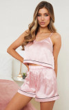 Pijama Luxury Selma din Satin Roz cu vipusca alba