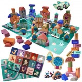 Set 181 piese, blocuri din lemn pentru copii, puzzel educational, Oem