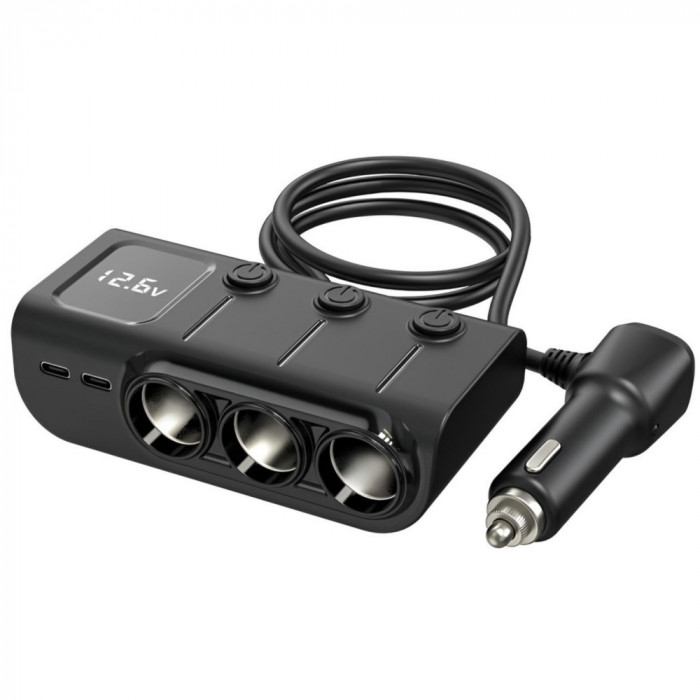 Prelungitor Bricheta Auto cu 8 iesiri, 3 socluri auto, 3 USB, 1 USB type C Fast Charge, 1 PD 36W, Afisaj baterie Universal Negru Alikommerce AK