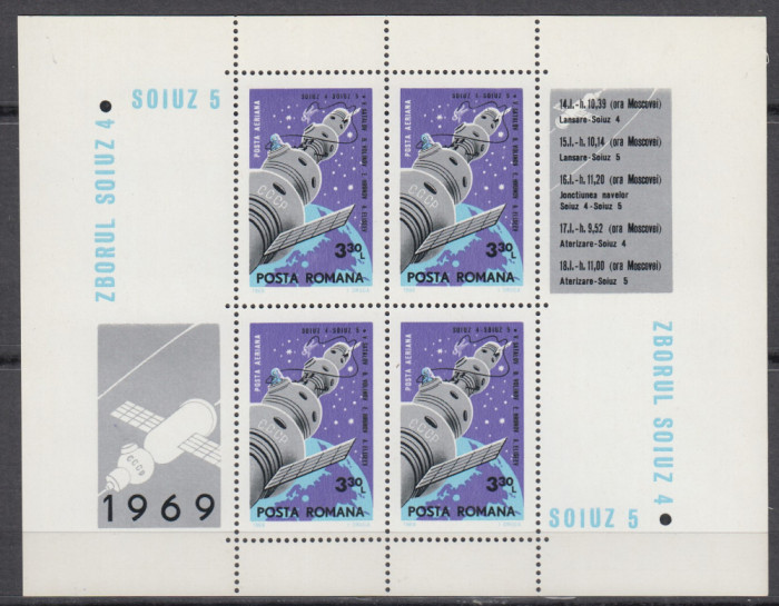 1969 LP 697 a COSMOS II SOIUZ 4 SI 5 BLOC DE 4 MARCI + 4 VINIETE DIFERITE MNH