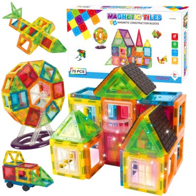 Set de Constructie, Magnetic Tiles 3D, 70 Piese colorate, Jucarie Creativa si Educationala STEM VisionHub&amp;reg;, multiple forme de constructie, Dezvoltarea foto