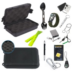 Cutie supravietuire outdoor Marime M 14 accesorii multifunctionale IP54 negru cutie etansa rezistenta camping urgente