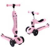 Trotineta 2 in 1 transformabila in tricicleta, pentru copii, inaltime ajustabila pe trei dimensiuni, frana progresiva, roti iluminate in miscare, roz