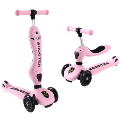 Trotineta 2 in 1 transformabila in tricicleta, pentru copii, inaltime ajustabila pe trei dimensiuni, frana progresiva, roti iluminate in miscare, roz foto