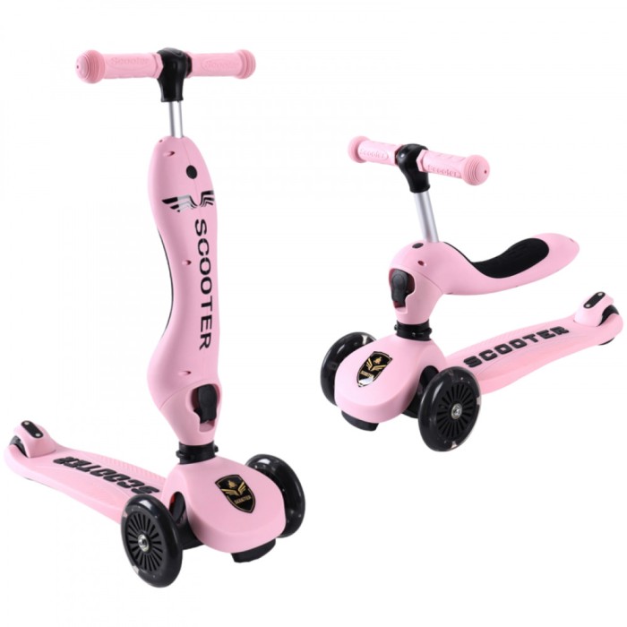 Trotineta 2 in 1 transformabila in tricicleta, pentru copii, inaltime ajustabila pe trei dimensiuni, frana progresiva, roti iluminate in miscare, roz
