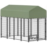 PawHut Țarc pentru C&acirc;ini de Exterior din Oțel cu Acoperiș din Material Oxford, Anti-UV, Impermeabil, 2 Boluri, Verde | Aosom Romania