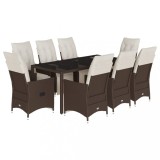 Cumpara ieftin Set bistro de gradina cu perne, 9 piese, maro, poliratan