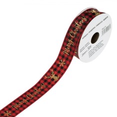 Panglică Decorativă Crăciun, Model Ren și Fulgi, Mesaj &quot;Merry Christmas&quot;, Culoare Roșie, Dimensiuni 5m x 20mm, Material Poliester