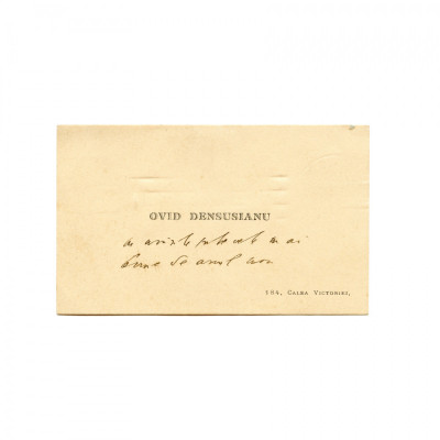 Ovid Densusianu, carte de vizită cu dedicație olografă foto