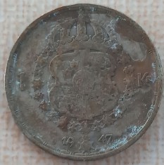 (A597) MONEDA DIN ARGINT SUEDIA - 1 KRONA 1947, LIT. TS, REGELE GUSTAF V