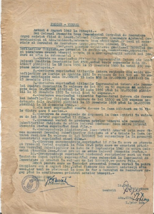 A3645N Predarea bunurilor și valorilor Cercului de Recrutare Argeș la predarea comenzii către alt comandant, 1942, Pitești