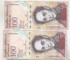 bnk bn Venezuela 2x100 bolivares 2013 serii consecutive , circulate