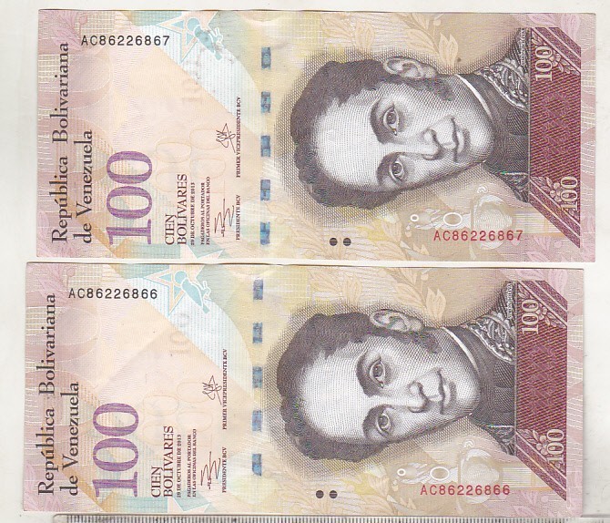 bnk bn Venezuela 2x100 bolivares 2013 serii consecutive , circulate