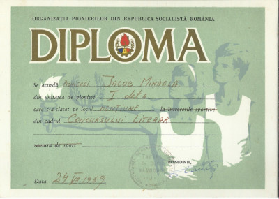 AMS# - DIPLOMA PIONIER DIN CADRUL CONCURSULUI LITERAR din tabara Navodari, 1969 foto