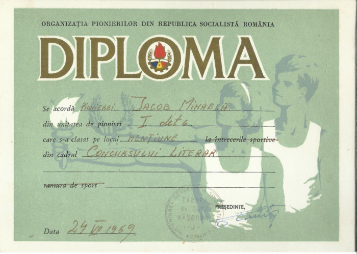 AMS# - DIPLOMA PIONIER DIN CADRUL CONCURSULUI LITERAR din tabara Navodari, 1969