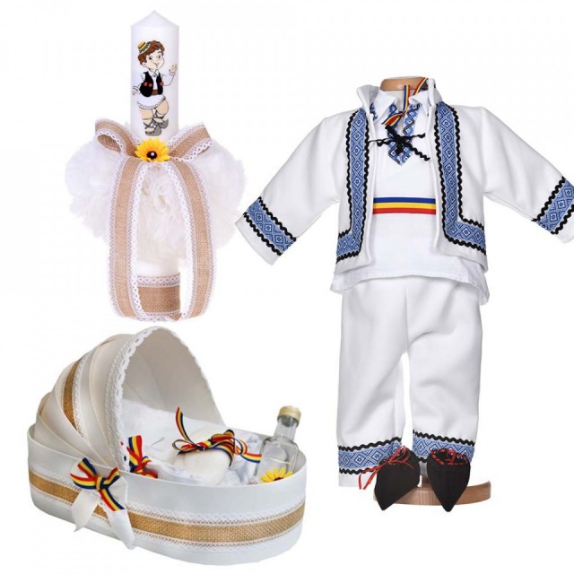 Set botez national baietel, trusou botez landou, lumanare si costum popular,