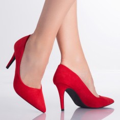 Pantofi dama cu toc Rosii din Piele Ecologica intoarsa Larina, 35