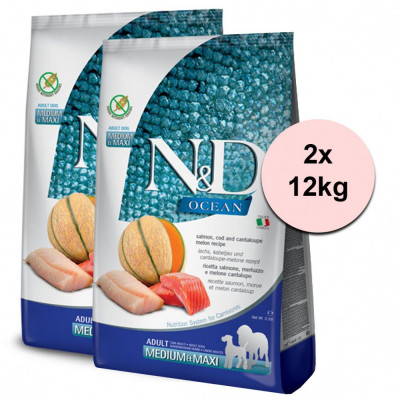 Farmina N&amp;amp;amp;D dog OCEAN (GF) adult medium &amp;amp;amp; maxi, salmon, cod &amp;amp;amp; cantaloupe melon 2 x 12 kg foto