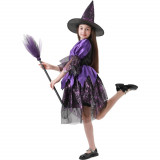 Costum de vrajitoare pentru fetite, cu palarie conica si matura, ideal pentru petreceri mascate, Halloween, zile de nastere, marimea 130