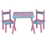 Masuta copii, cu doua scaunele, unicorn, albastru/roz, 50x50x42 cm