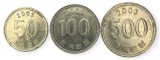 Coreea de Sud , lot 25 - 50 + 100 + 500 Won 2003, Asia, Cupru-Nichel