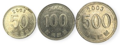 Coreea de Sud , lot 25 - 50 + 100 + 500 Won 2003 foto